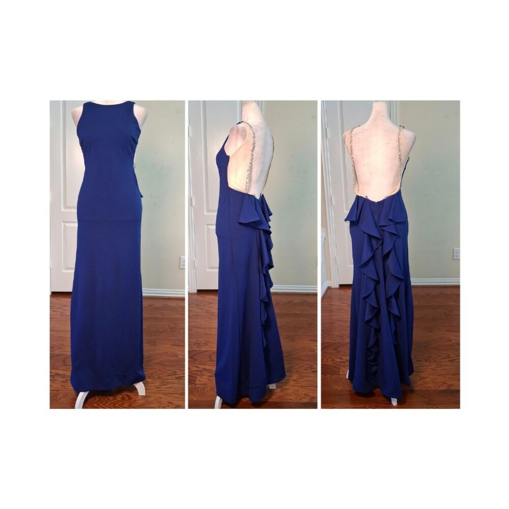 Formal Evening Gown Royal Blue XS Rhinestone Ruffle Back Homecoming Prom Party